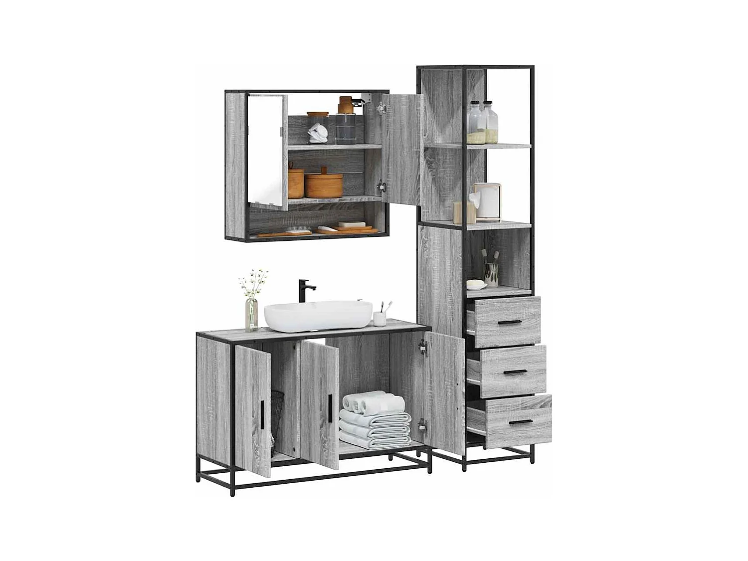 Ensemble de meubles de salle de bain 3 pcs Sonoma gris