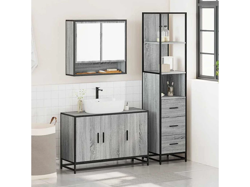 Ensemble de meubles de salle de bain 3 pcs Sonoma gris