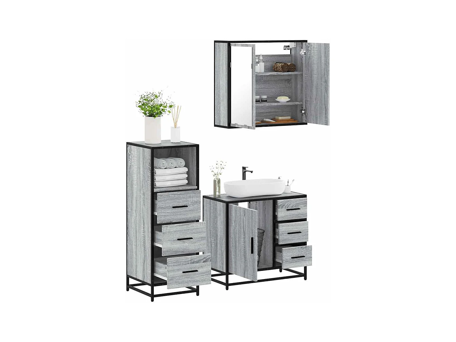 Ensemble de meubles de salle de bain 3 pcs Sonoma gris