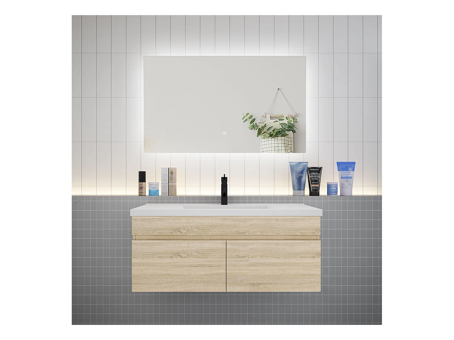 AICA Ensemble meuble Salle de Bain Chêne avec vasque L.100cm + Miroir LED 100x60cm