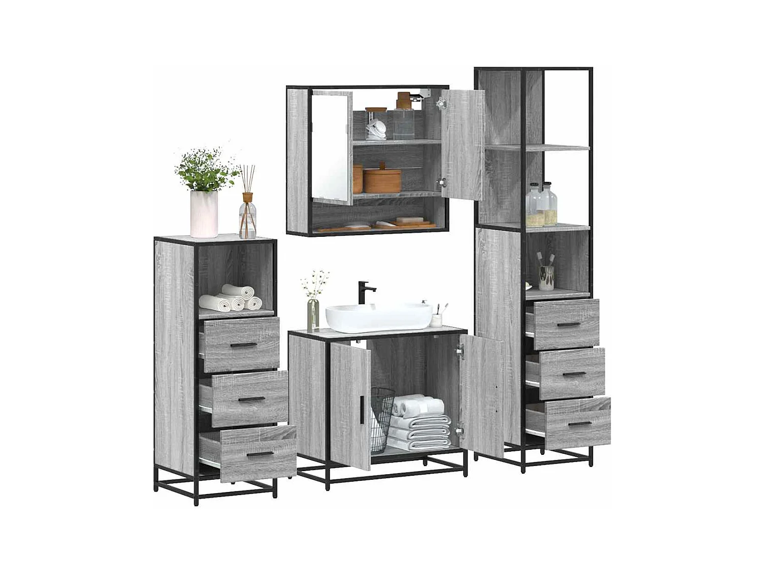 4-teiliges Badmöbel-Set Sonomagrau