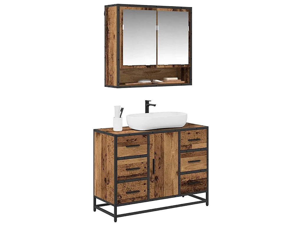 Conjunto de muebles de baño de 2 piezas en madera antigua