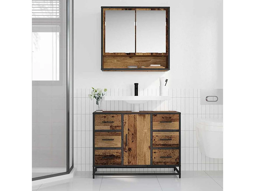 Conjunto de muebles de baño de 2 piezas en madera antigua