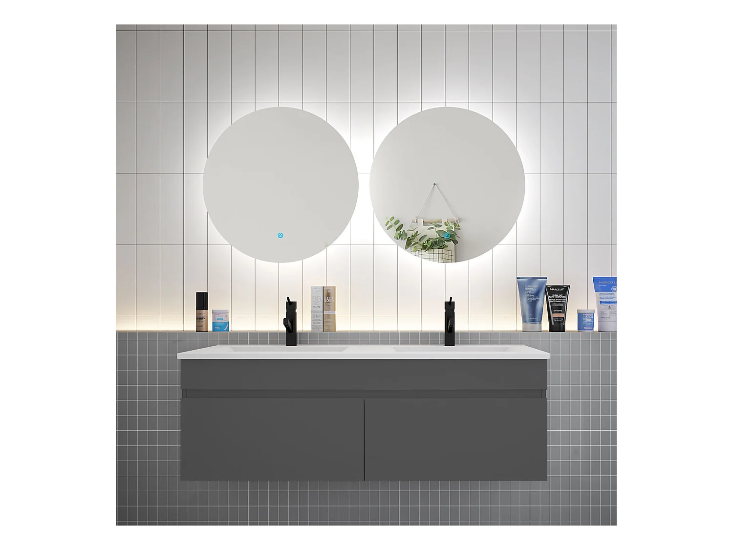 AICA Ensemble meuble Salle de Bain vasque L.120cm + 2 x Miroir LED Rond 60cm,Anthracite