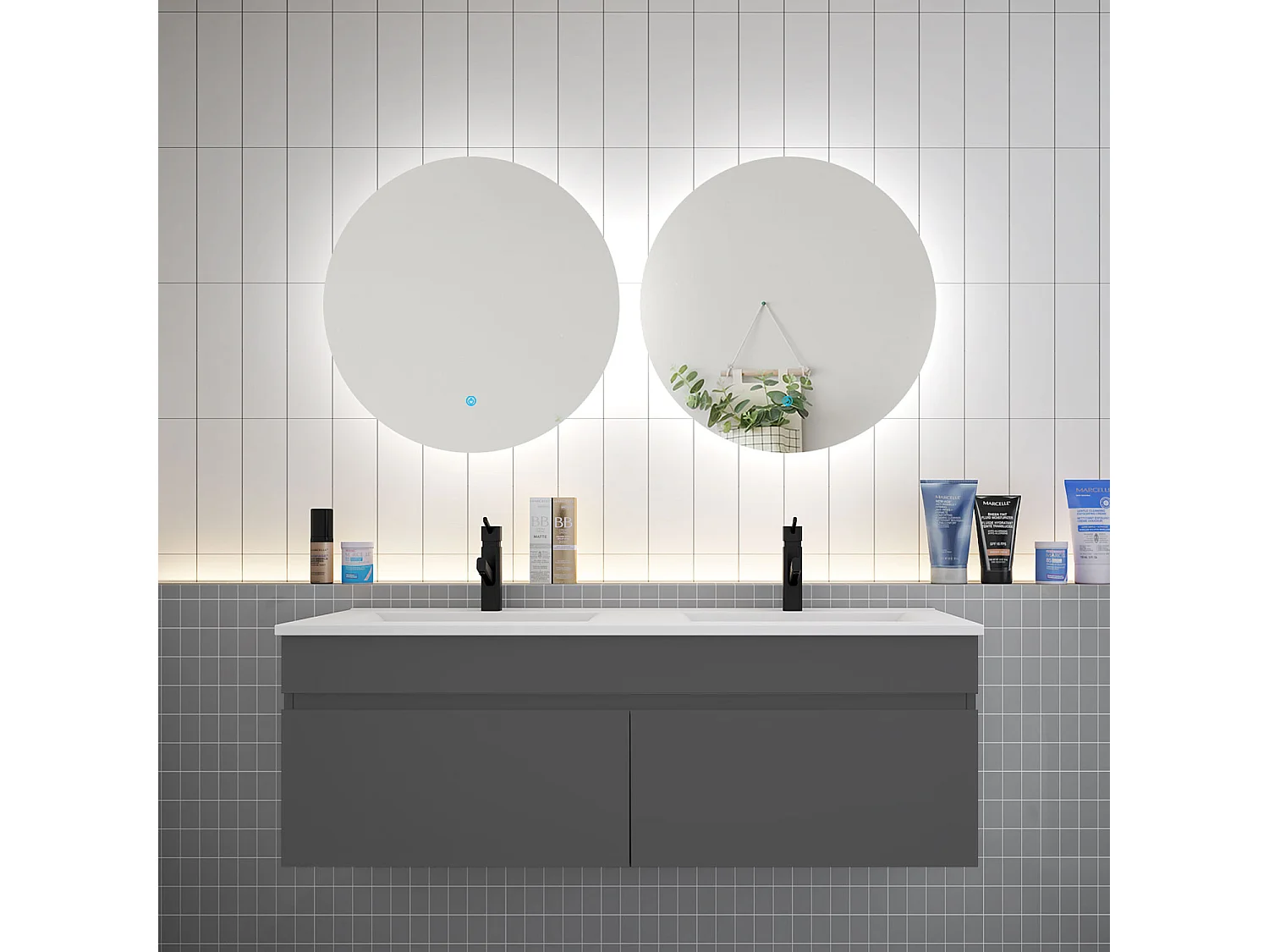 AICA Ensemble meuble Salle de Bain vasque L.120cm + 2 x Miroir LED Rond 60cm,Anthracite
