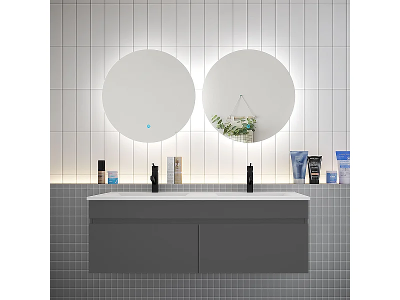 AICA Ensemble meuble Salle de Bain vasque L.120cm + 2 x Miroir LED Rond 60cm,Anthracite
