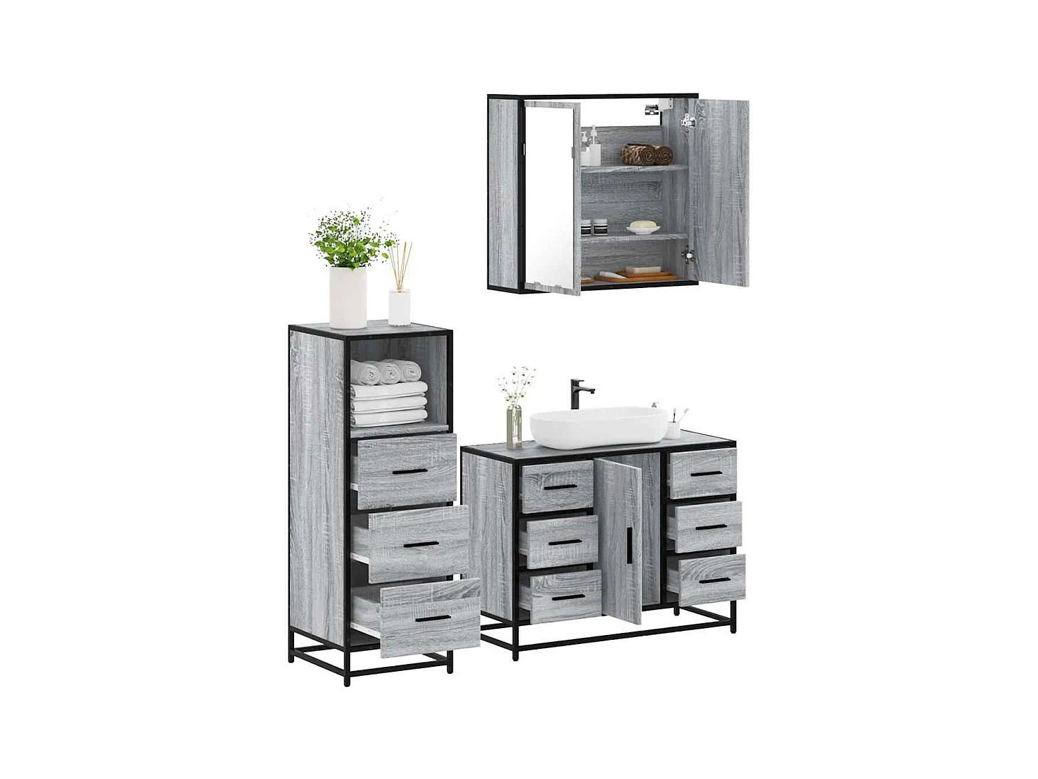 Ensemble de meubles de salle de bain 3 pcs Sonoma gris