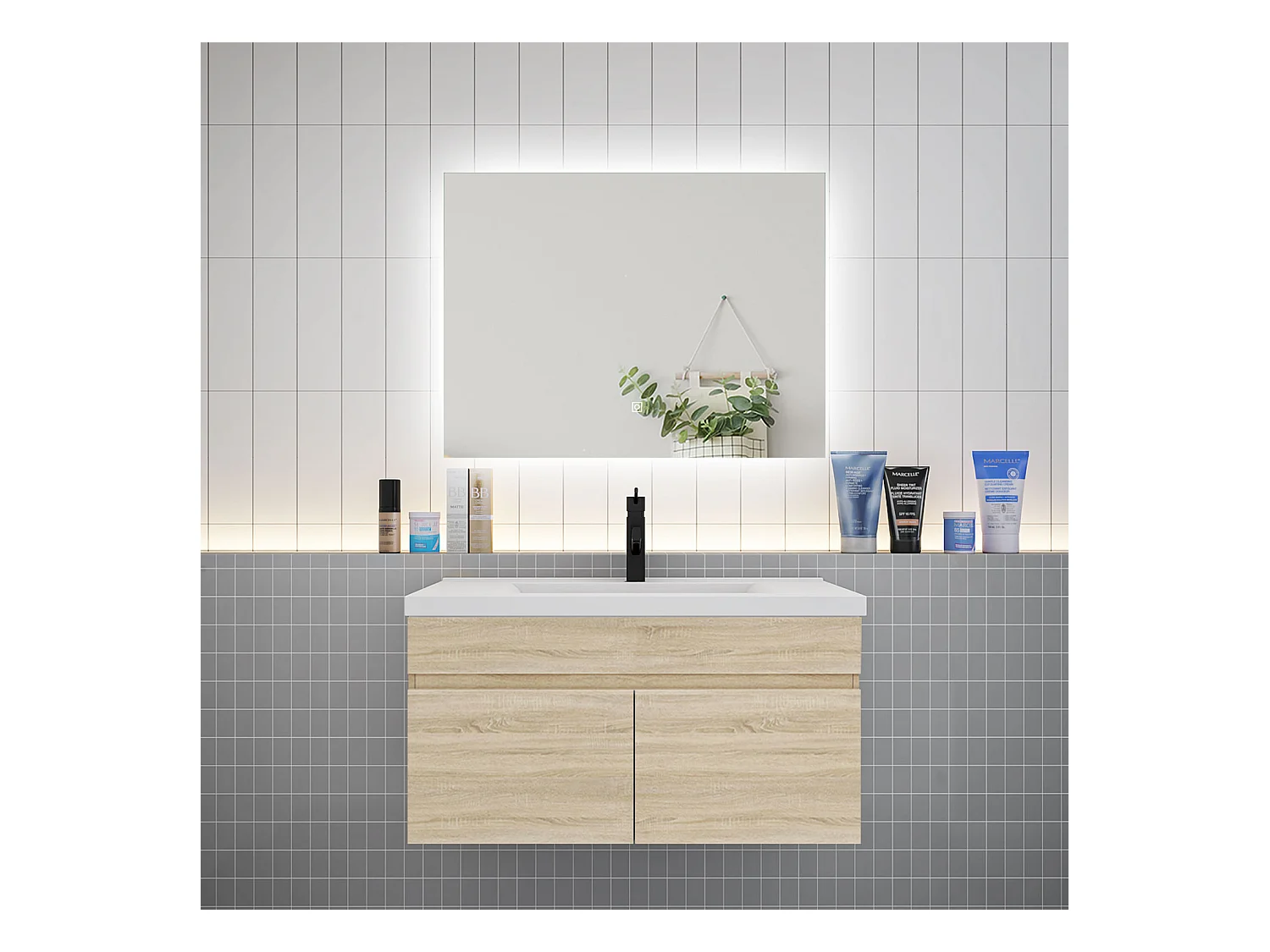 AICA Ensemble meuble Salle de Bain Blanc avec vasque L.80cm + Miroir LED Tricolore + Dimmable 80x60cm