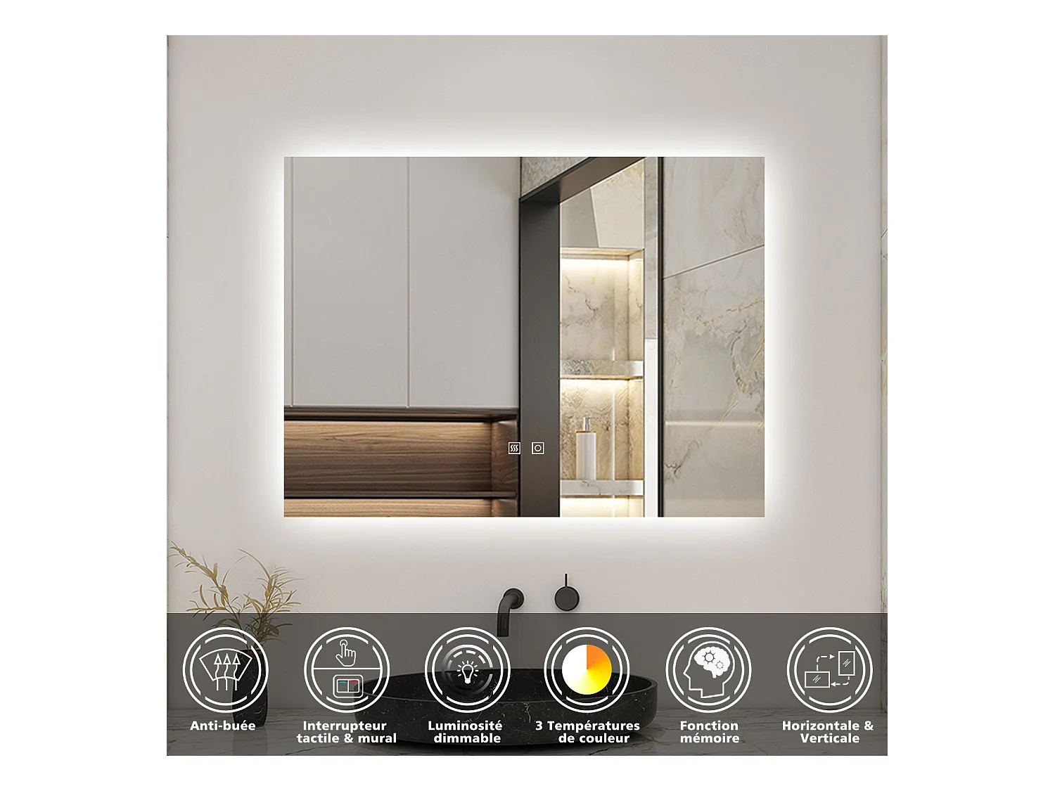 AICA Ensemble meuble Salle de Bain Blanc avec vasque L.80cm + Miroir LED Tricolore + Dimmable 80x60cm