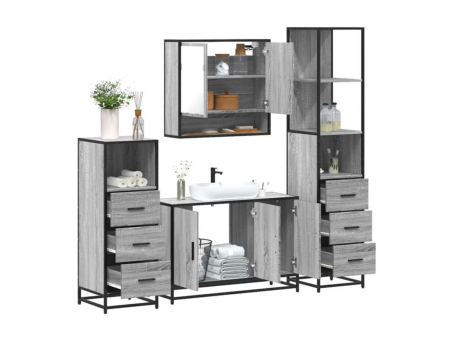 Set di mobili da bagno 4 pezzi grigio Sonoma