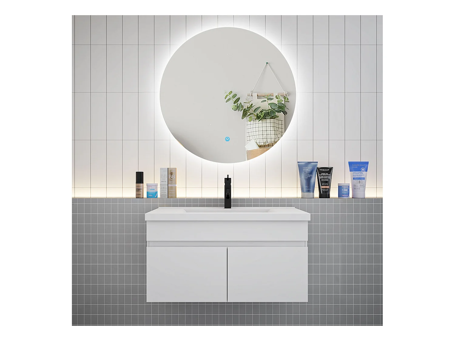 AICA Ensemble meuble Salle de Bain L.80cm Blanc + vasque + Miroir LED Rond 80cm
