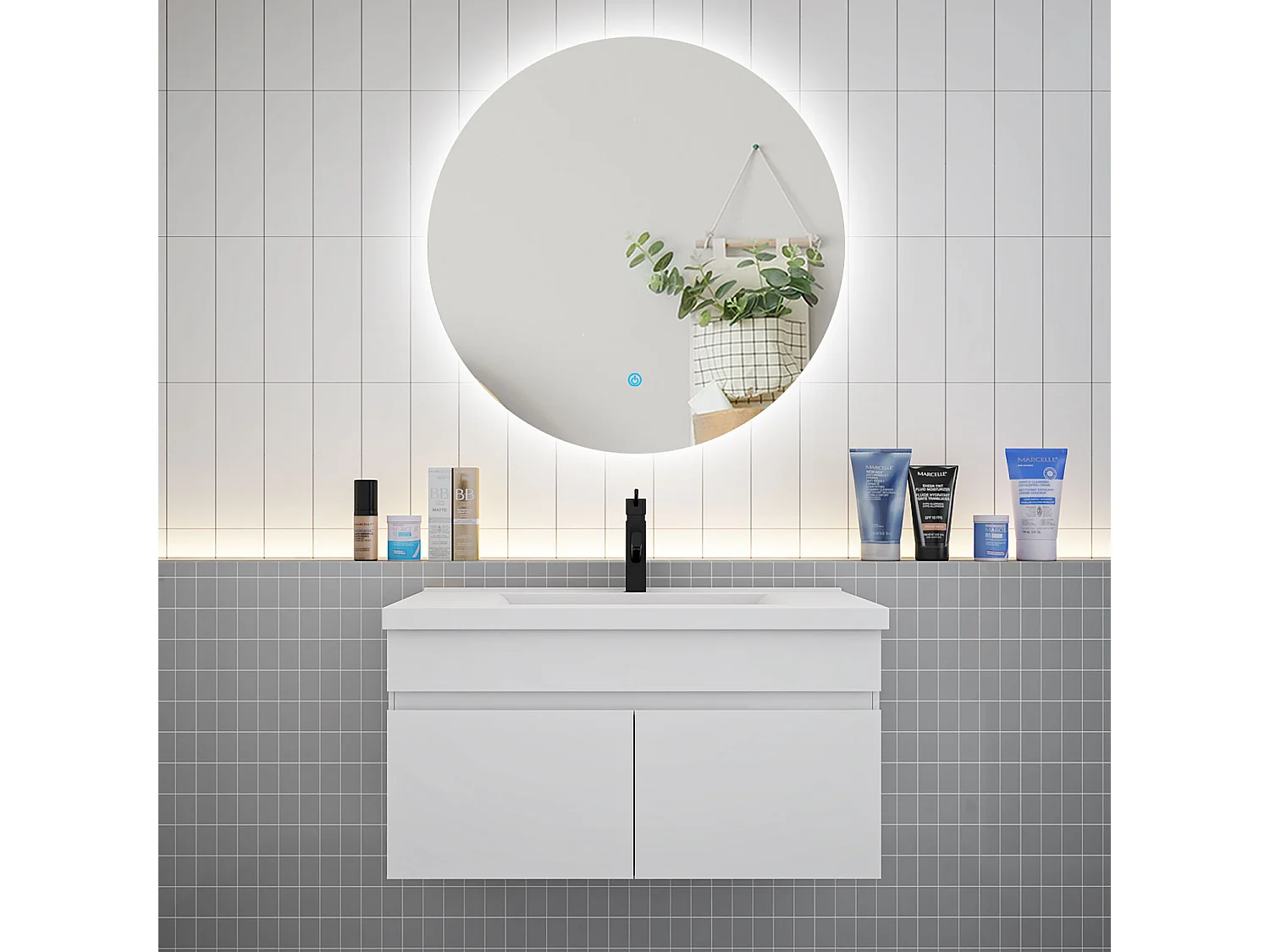 AICA Ensemble meuble Salle de Bain L.80cm Blanc + vasque + Miroir LED Rond 80cm