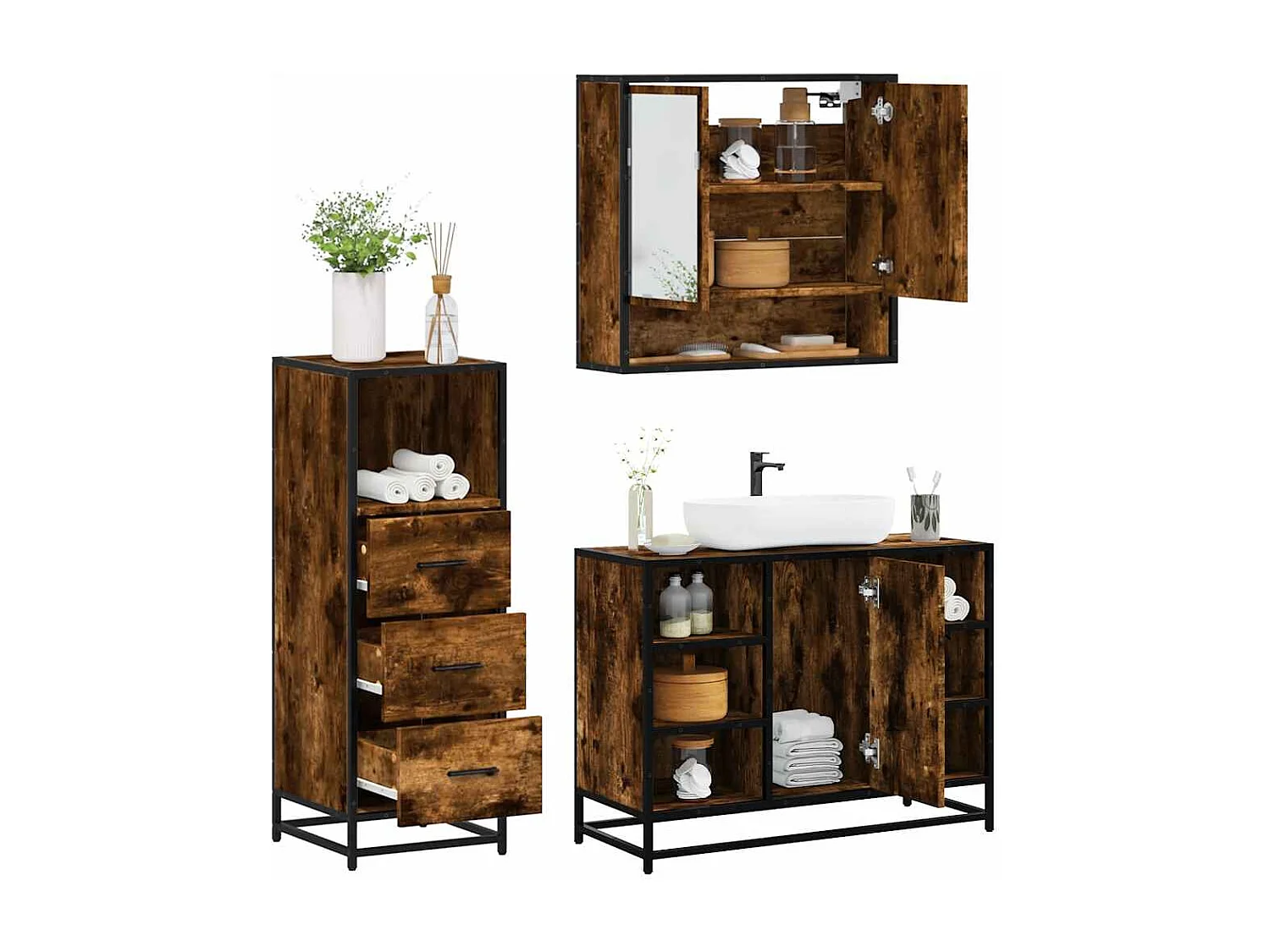 Ensemble de meubles de salle de bain 3 pcs Chêne fumé