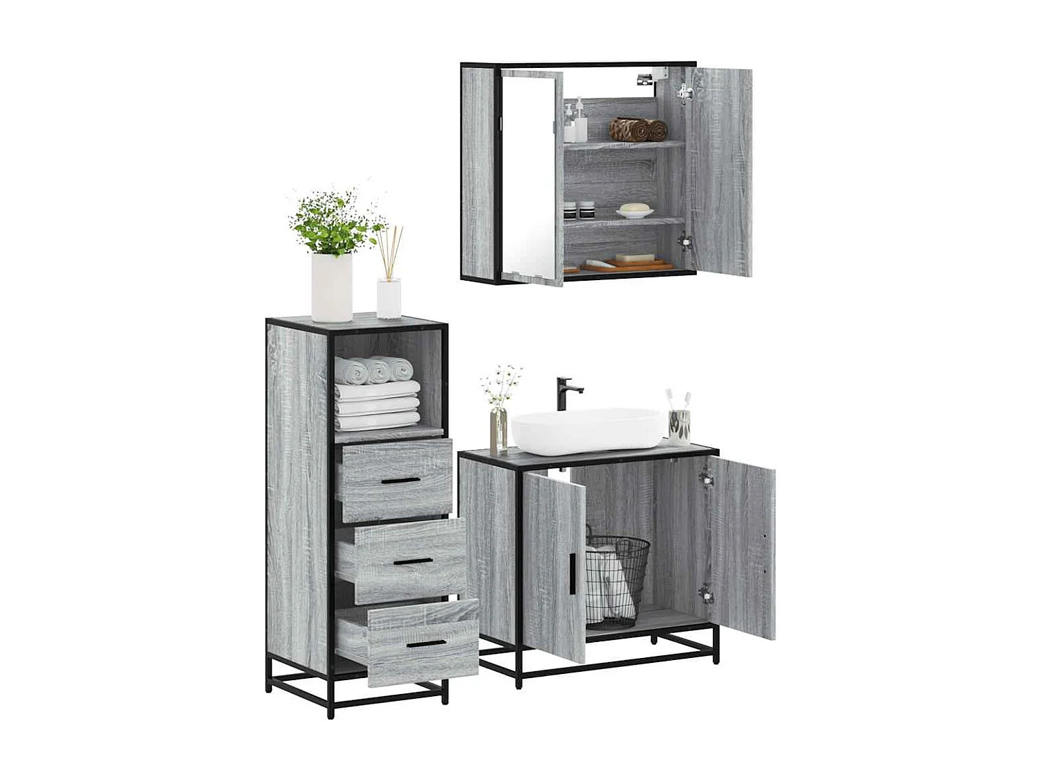 Ensemble de meubles de salle de bain 3 pcs Sonoma gris