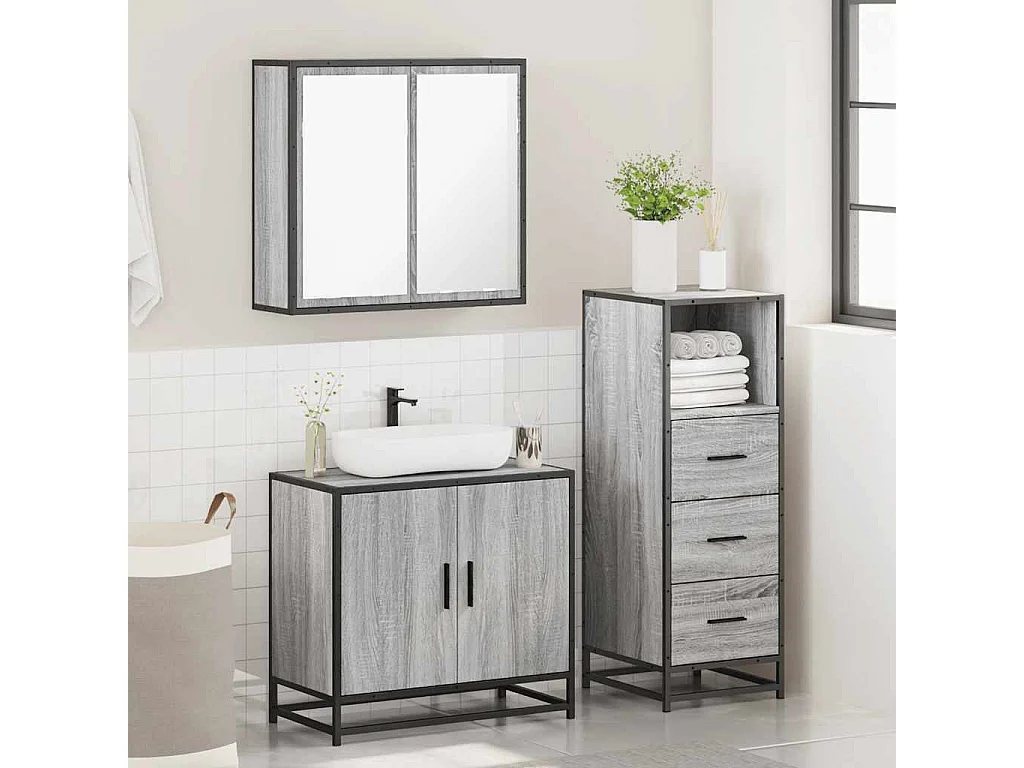 Ensemble de meubles de salle de bain 3 pcs Sonoma gris