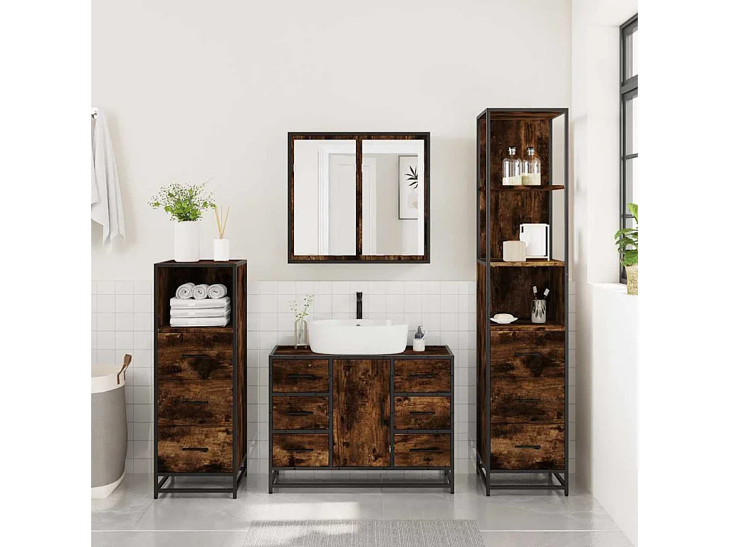 Ensemble meubles salle de bain 4 pcs chêne fumé bois ingénierie