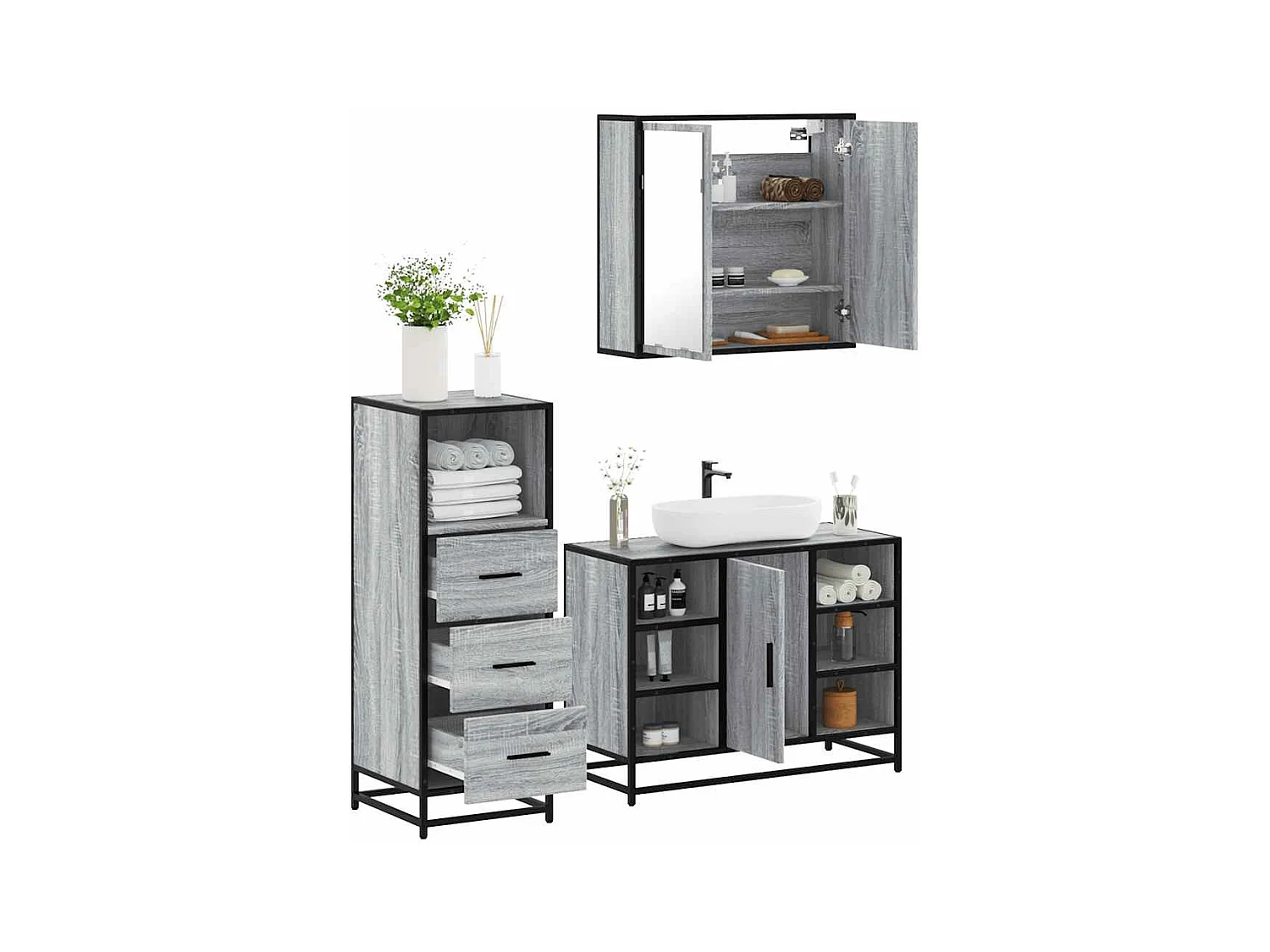 Ensemble de meubles de salle de bain 3 pcs Sonoma gris