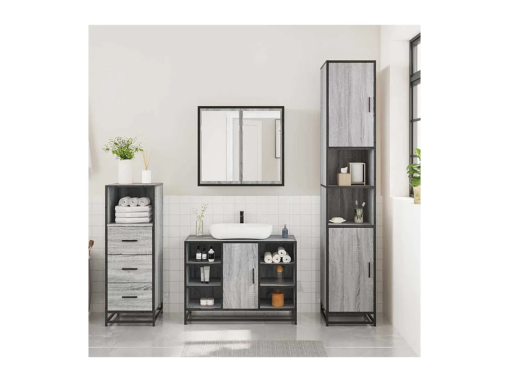 Ensemble de meubles de salle de bain 3 pcs Sonoma gris
