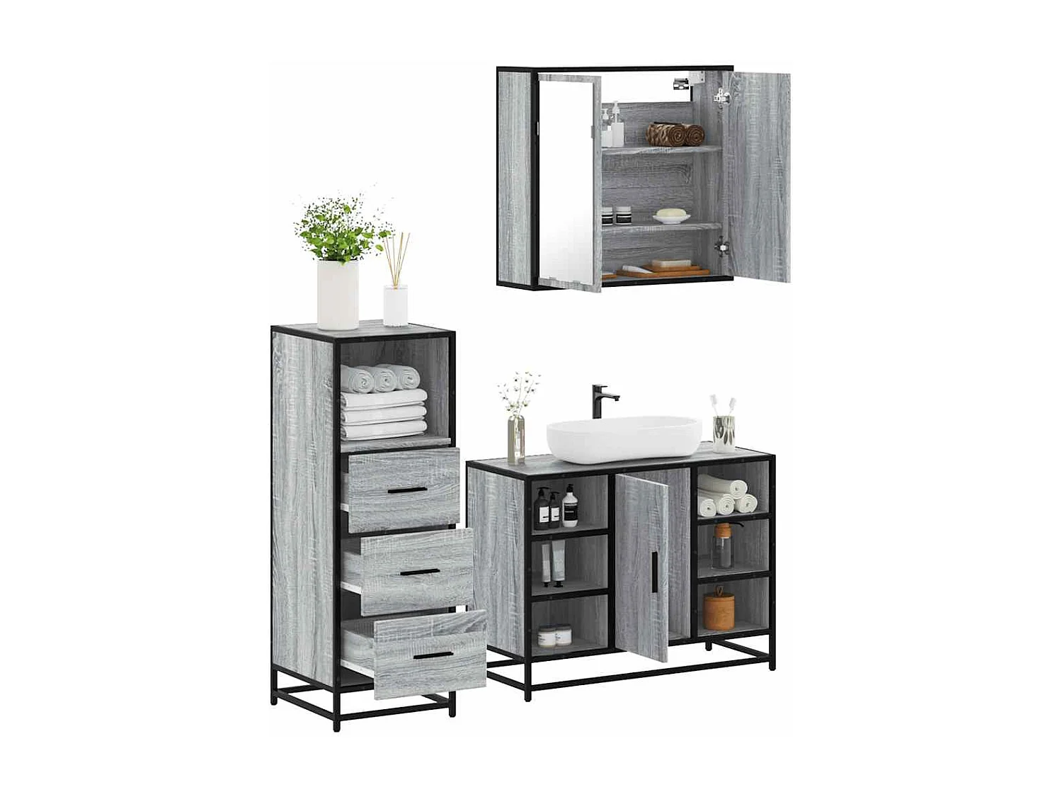 Ensemble de meubles de salle de bain 3 pcs Sonoma gris