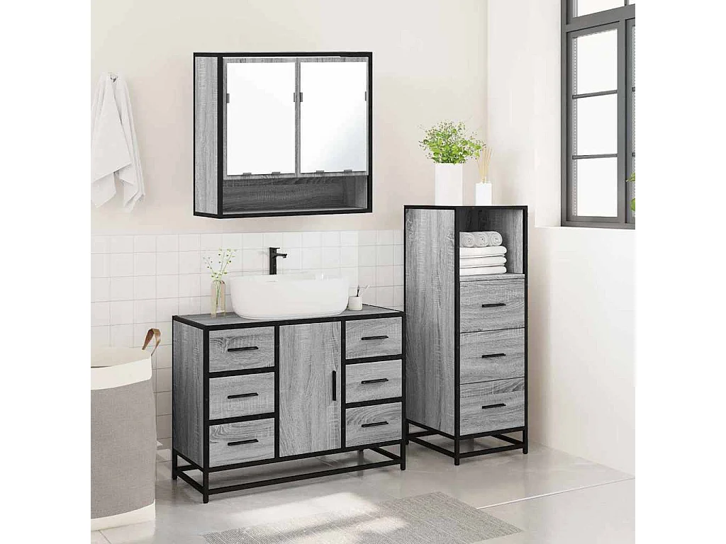 Ensemble de meubles de salle de bain 3 pcs Sonoma gris