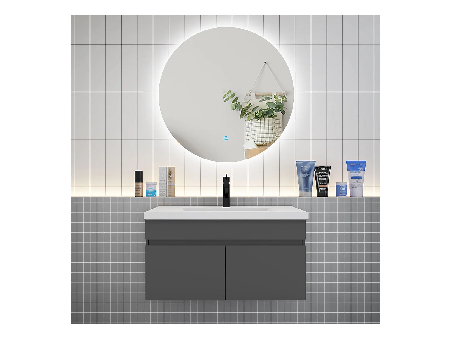 AICA Ensemble meuble Salle de Bain L.80cm Anthracite + vasque + Miroir LED Rond 80cm