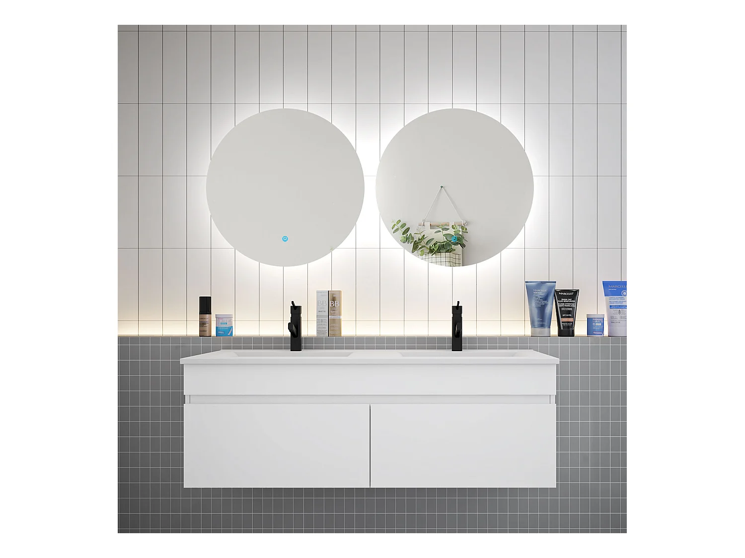 AICA Ensemble meuble Salle de Bain vasque L.120cm + 2 x Miroir LED Rond 60cm,Blanc
