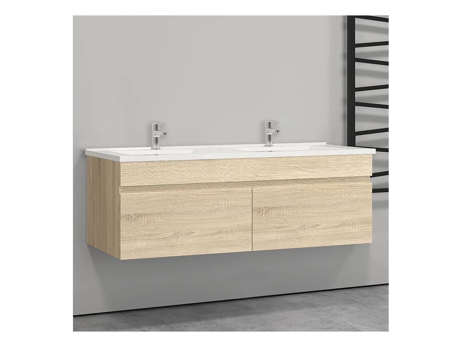 AICA Ensemble meuble Salle de Bain suspendu Chêne avec 2 portes + double vasque en céramique, L x W x H：120x45x40cm