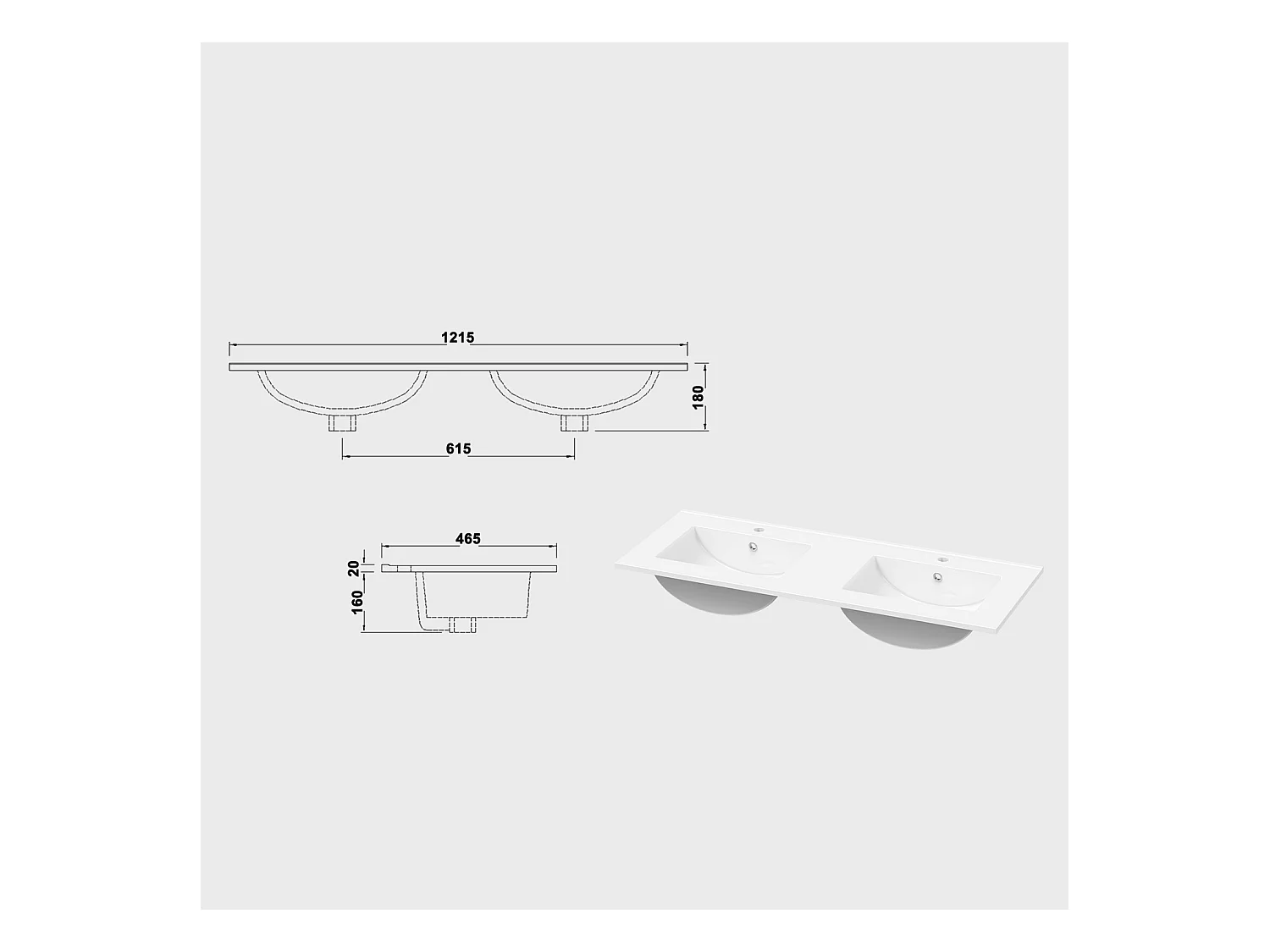 AICA Ensemble meuble Salle de Bain suspendu Chêne avec 2 portes + double vasque en céramique, L x W x H：120x45x40cm