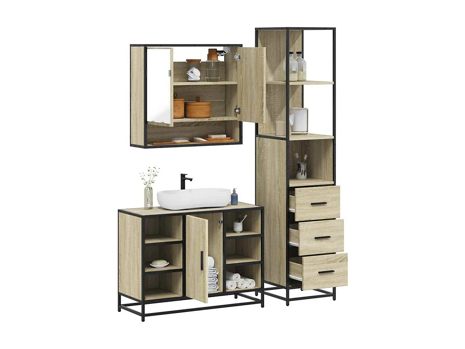 Set di mobili da bagno 3 pezzi in rovere Sonoma