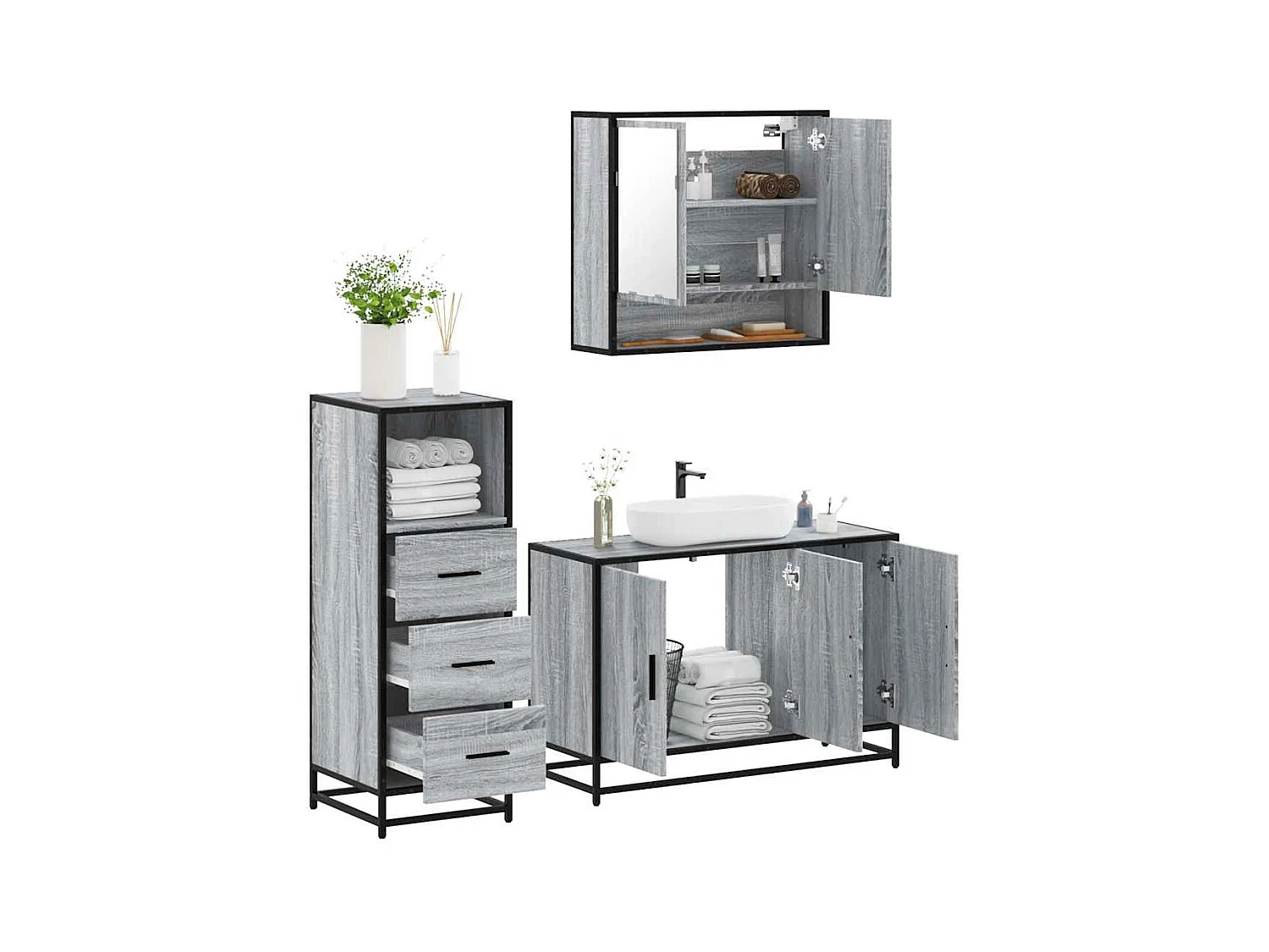 Ensemble de meubles de salle de bain 3 pcs Sonoma gris