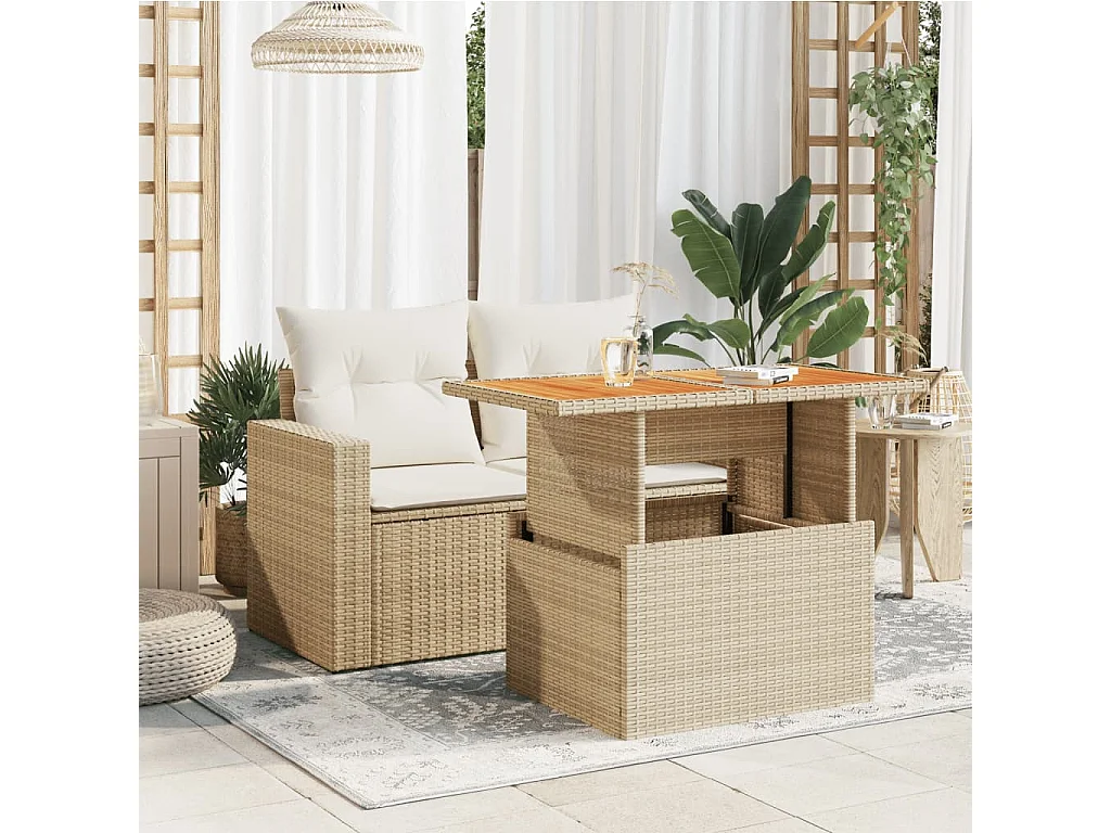 Mesa de jardín beige 100x55x73cm resina trenzada y madera de acacia