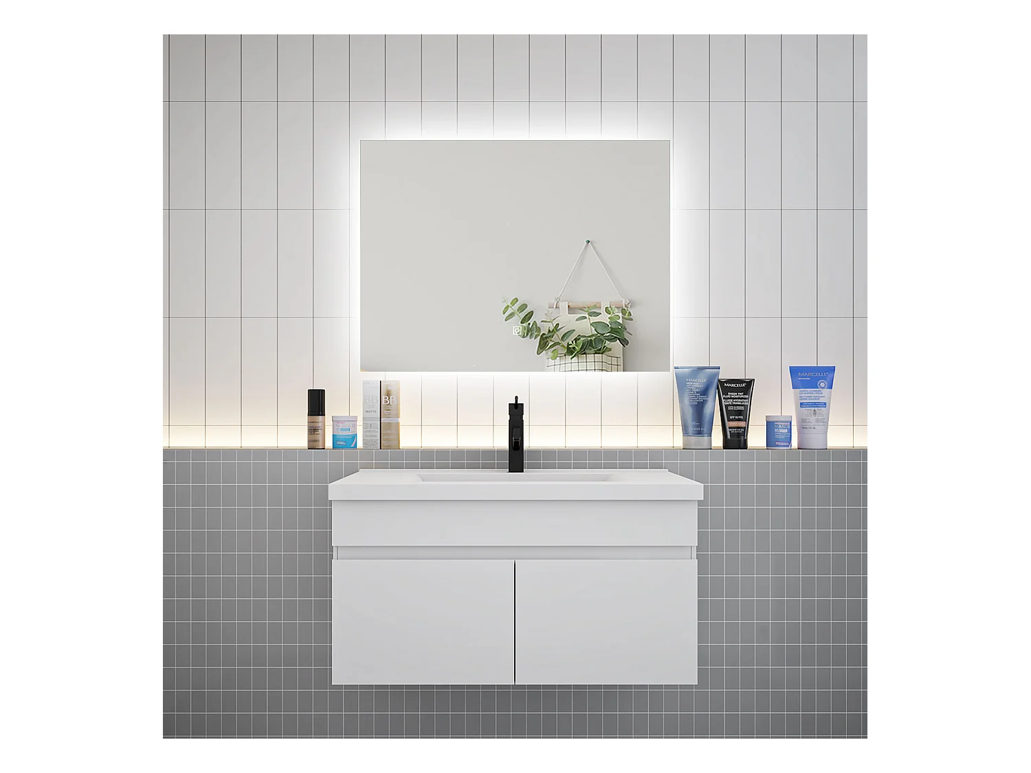 AICA Ensemble meuble Salle de Bain Blanc avec vasque L.80cm + Miroir LED 80x60cm