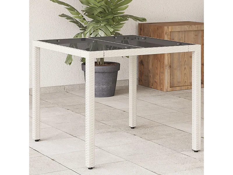 Tuintafel met wit glazen blad 90x90x75cm geweven hars