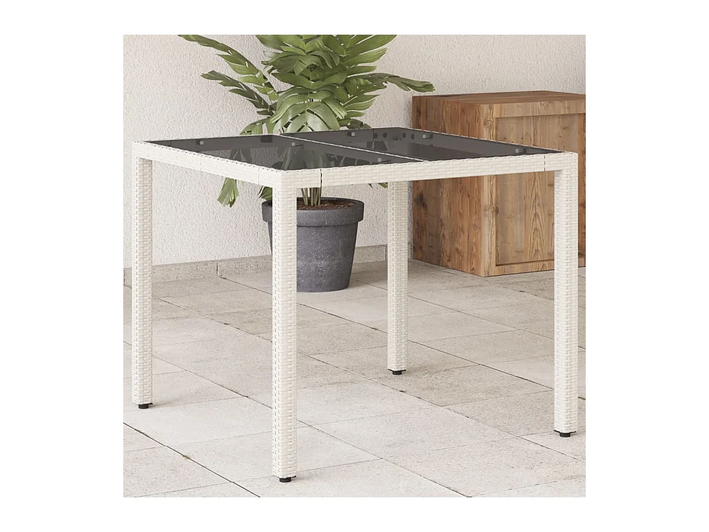 Tuintafel met wit glazen blad 90x90x75cm geweven hars