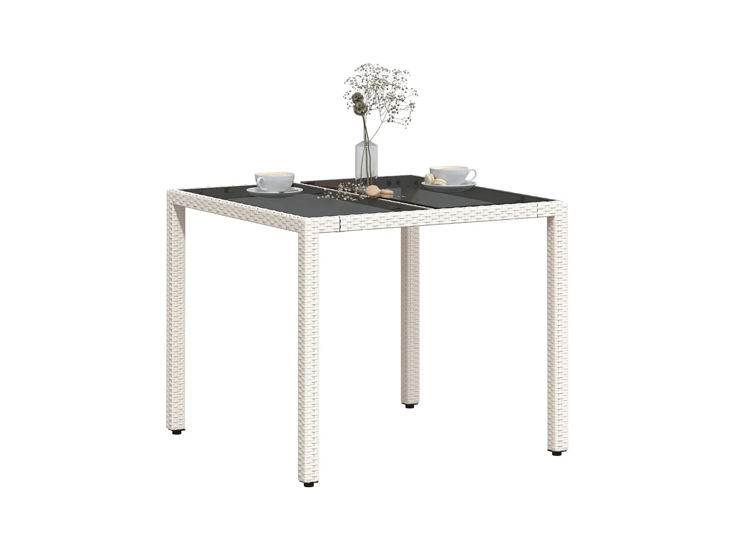 Tuintafel met wit glazen blad 90x90x75cm geweven hars