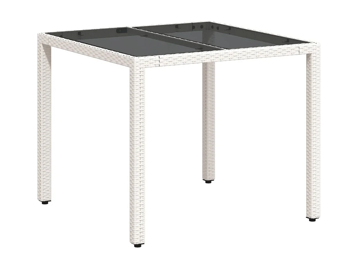 Tavolo da giardino con piano in vetro bianco 90x90x75cm in resina intrecciata