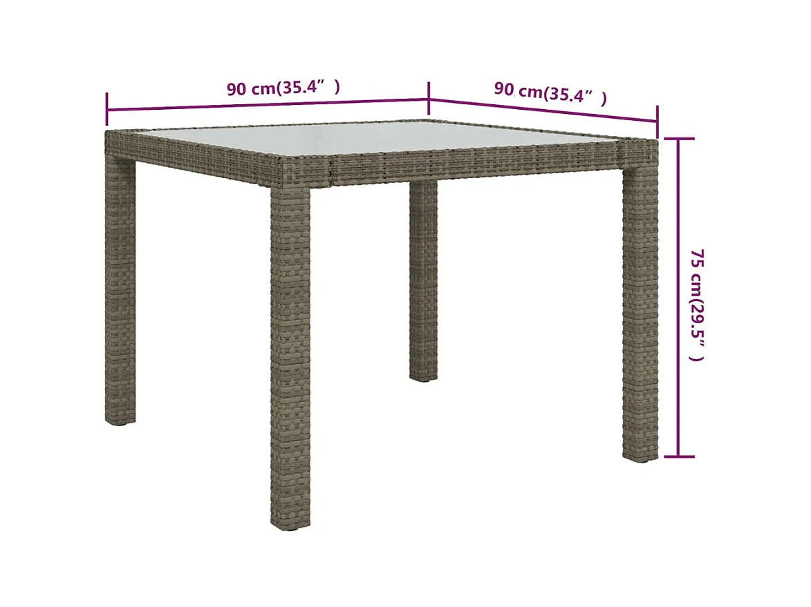 Tuintafel 90x90x75 cm Gehard glas en geweven hars Grijs