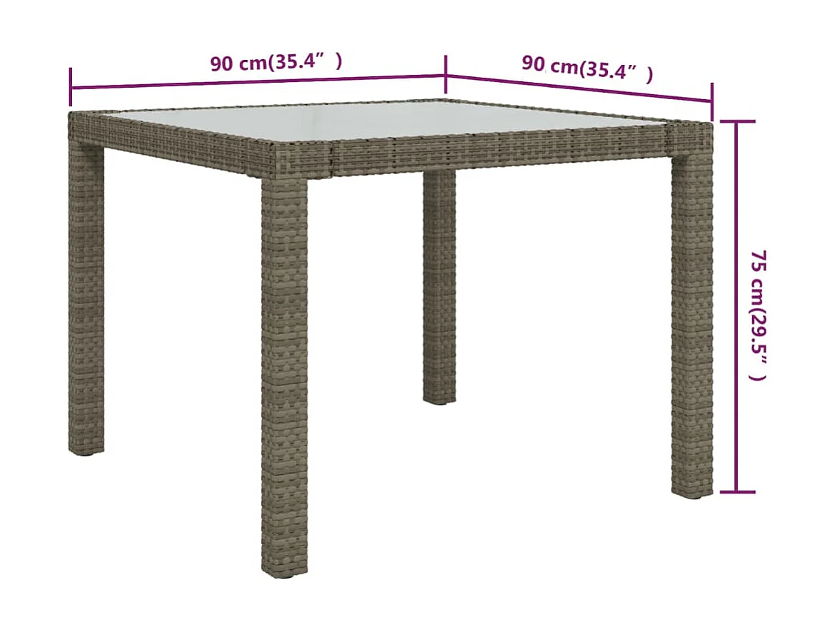 Tavolo da giardino 90x90x75 cm Vetro temperato e resina intrecciata Grigio