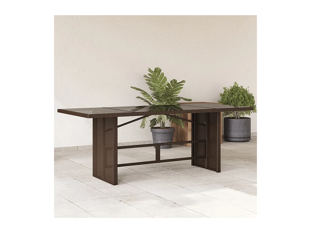 Tuintafel met bruin glazen blad en gevlochten hars