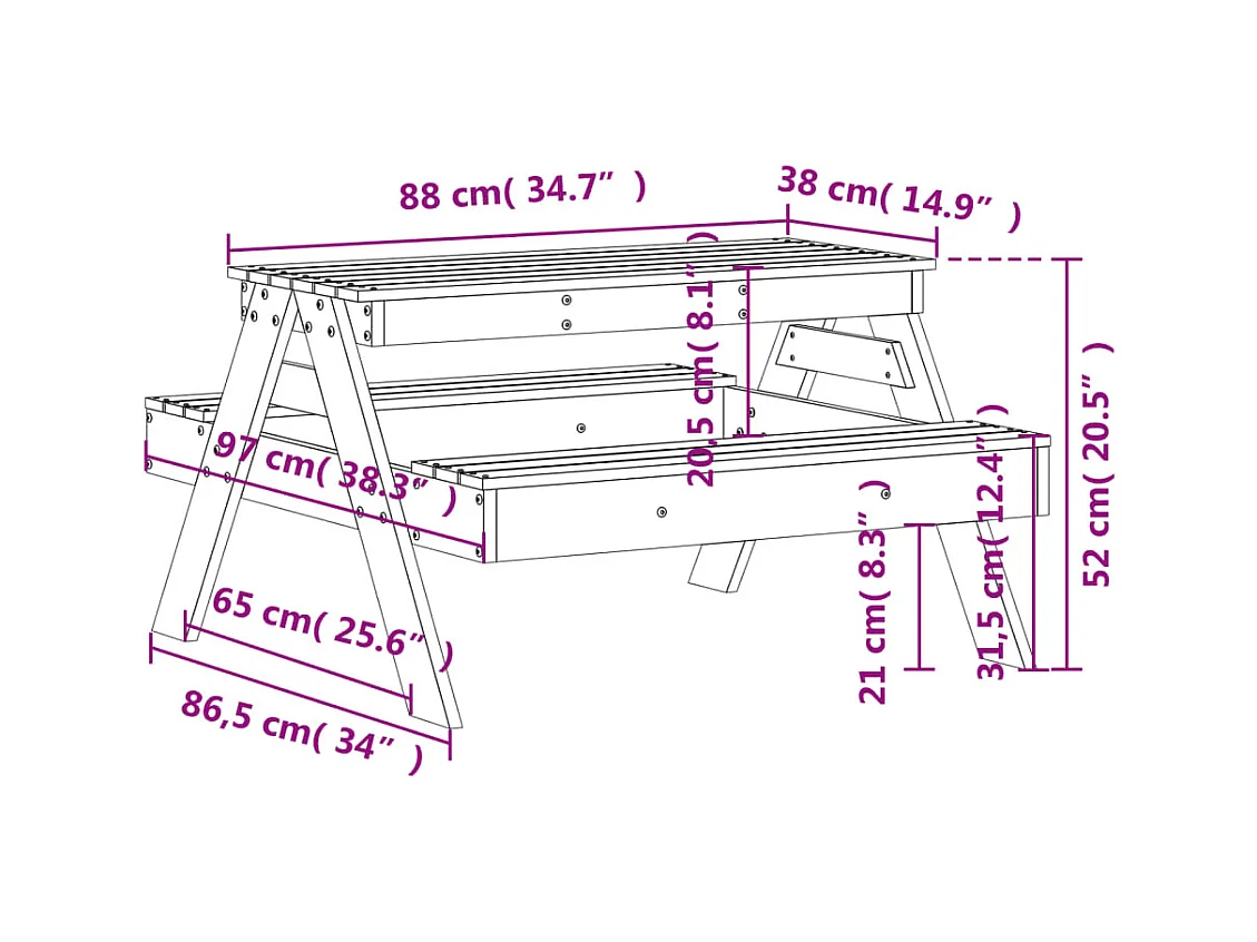 Tavolo da picnic per bambini 88x97x52cm in legno massello di pino