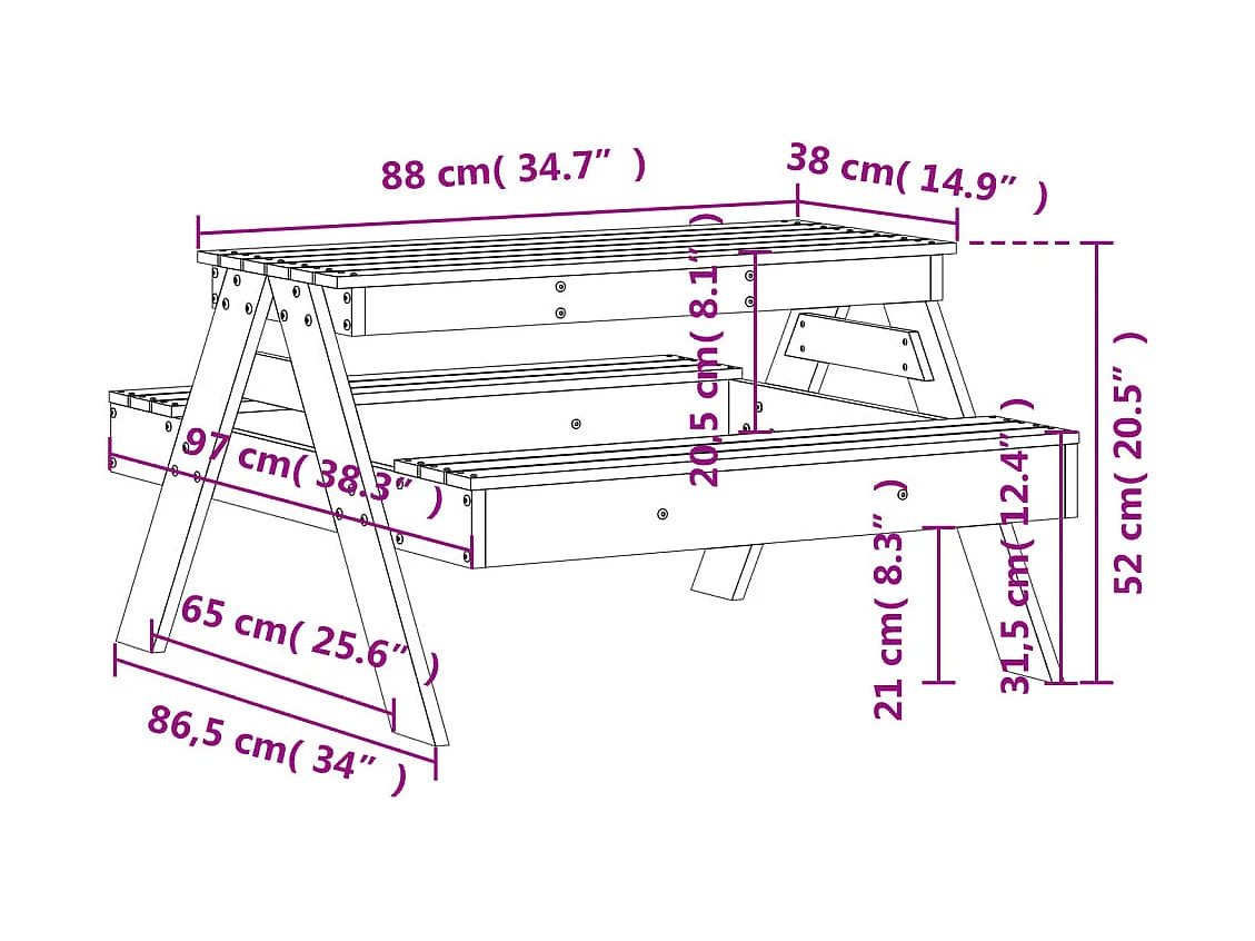 Tavolo da picnic per bambini 88x97x52cm in legno massello di pino