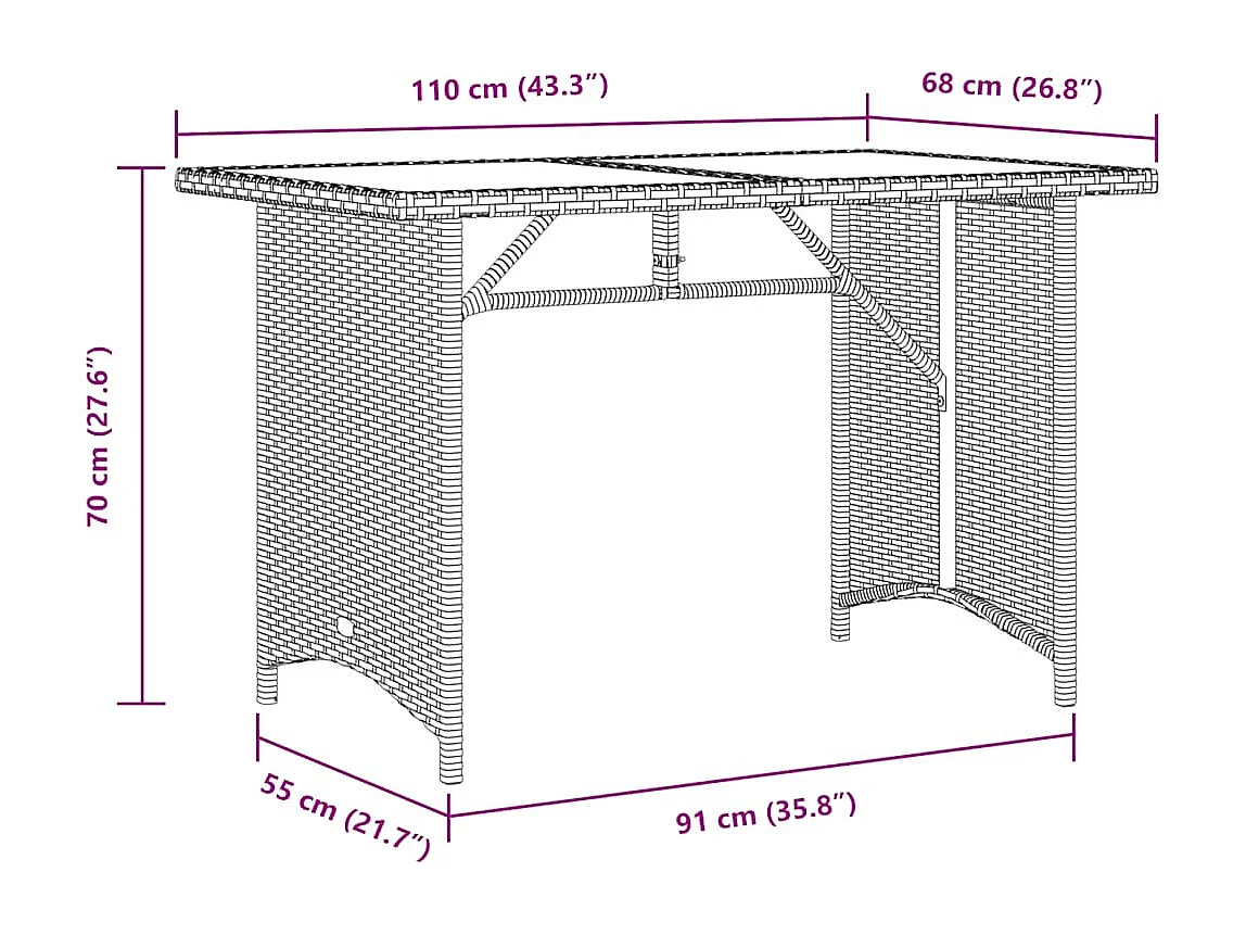Tuintafel met grijs glazen blad 110x68x70 cm rotan