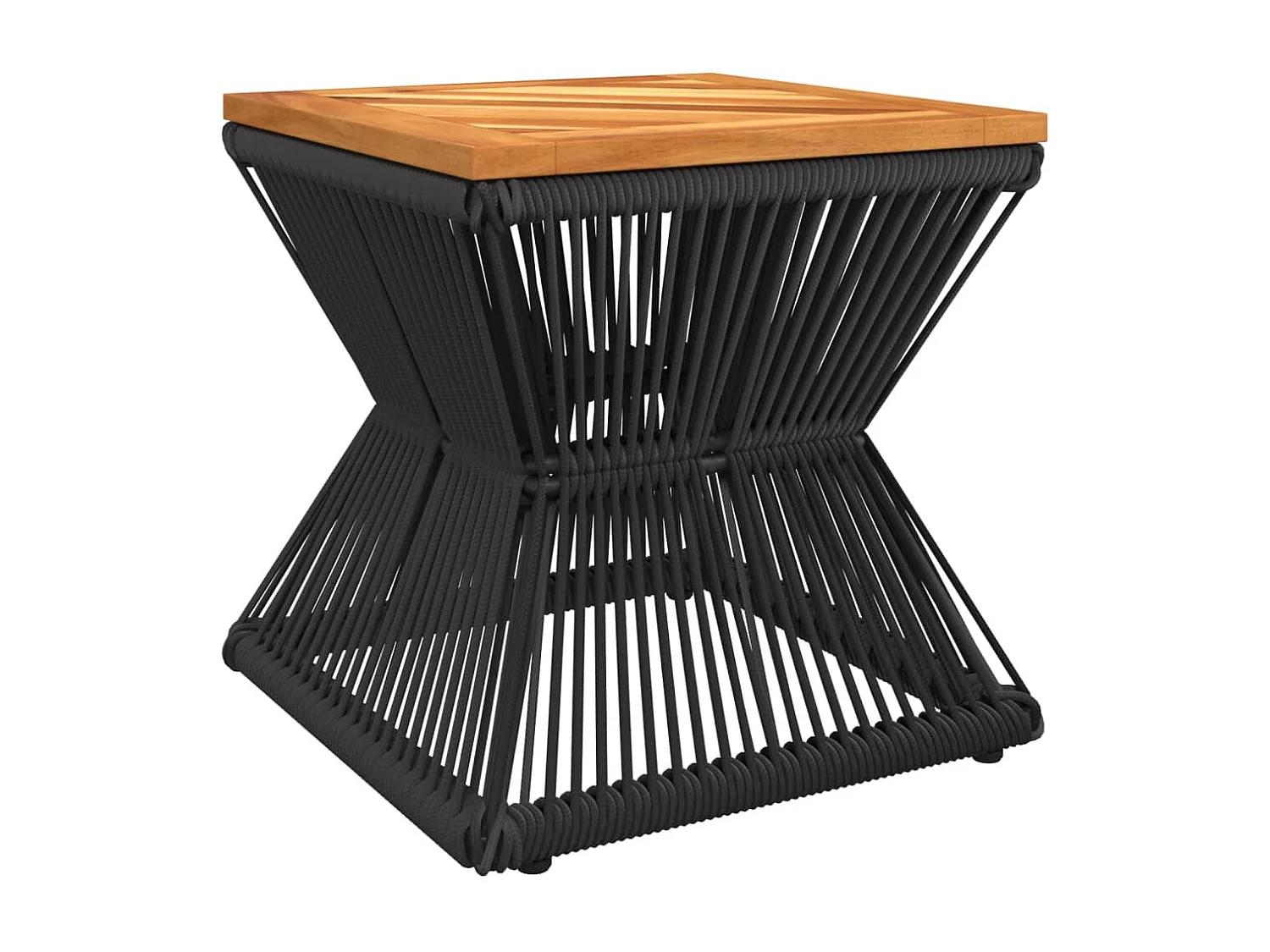 Mesa de centro con base de alambre negro fabricada en madera maciza de acacia.