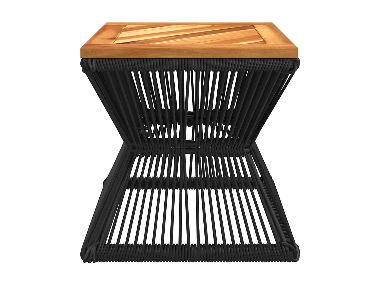 Mesa de centro con base de alambre negro fabricada en madera maciza de acacia.