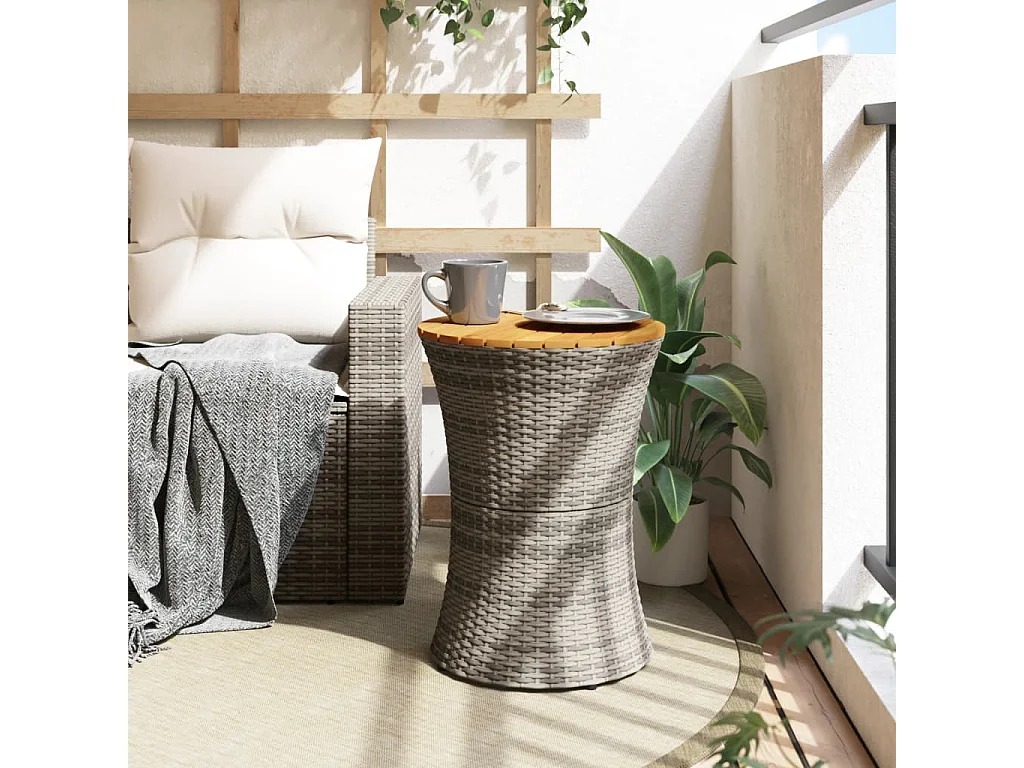 Tavolino da giardino a forma di tamburo in rattan grigio e legno massello