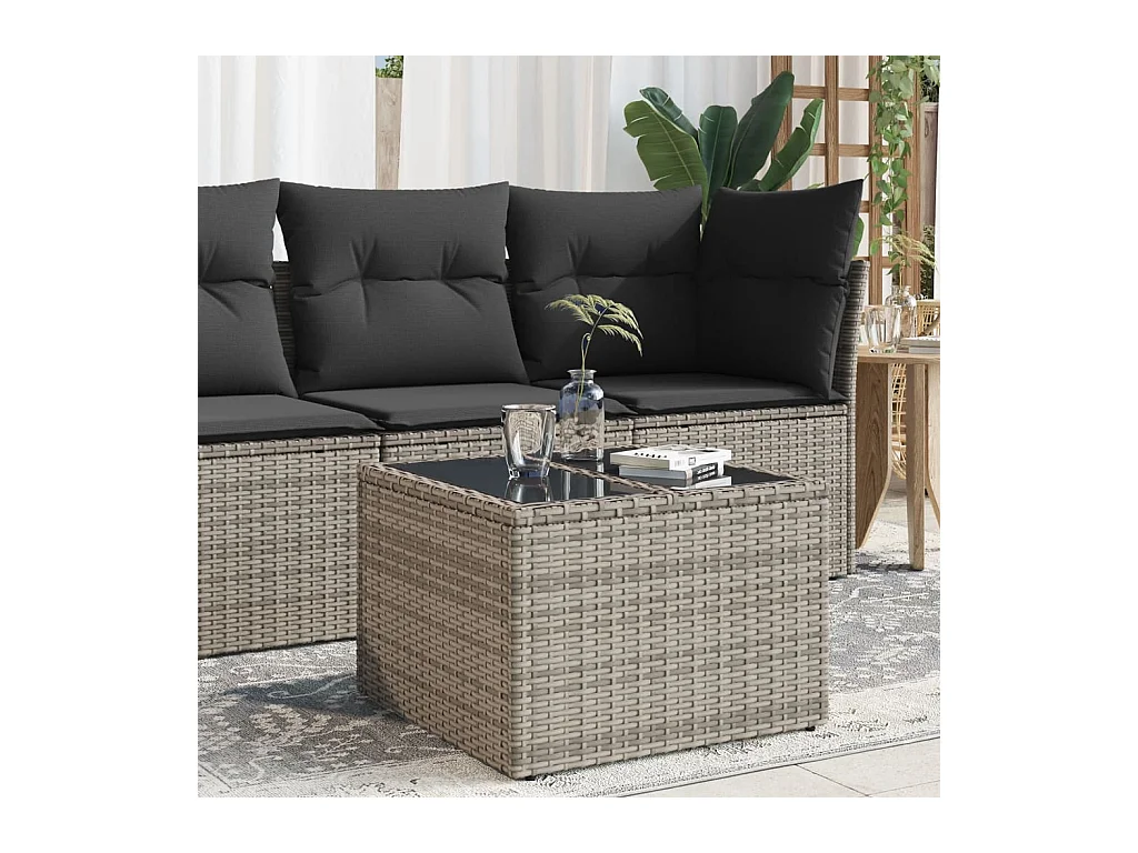 Tuintafel met grijs glazen blad 55x55x37 cm geweven hars