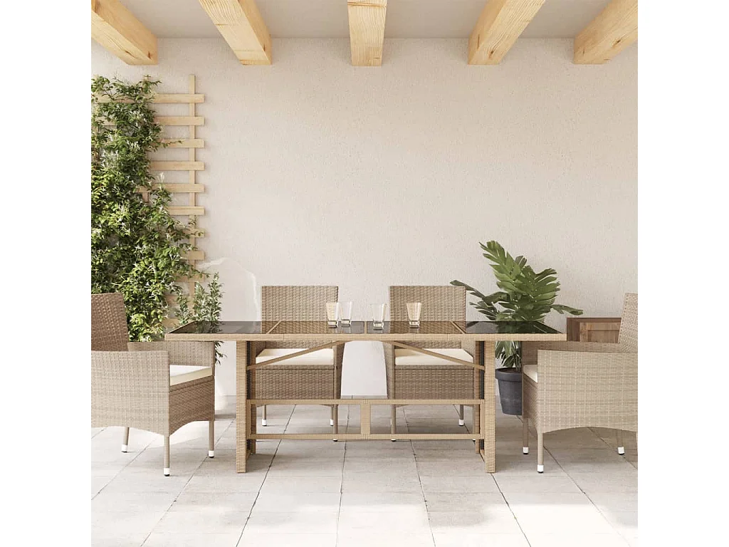 Tavolo da giardino con piano in vetro beige e resina intrecciata