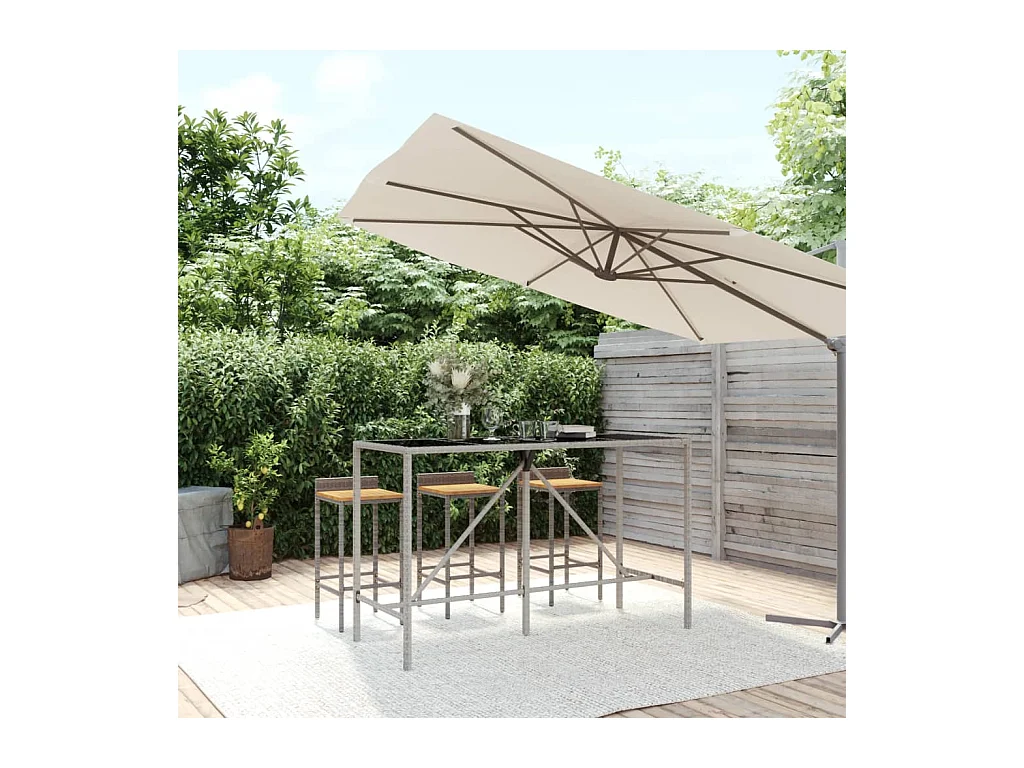 Bartafel met grijs glazen blad 180x70x110 cm polyrotan