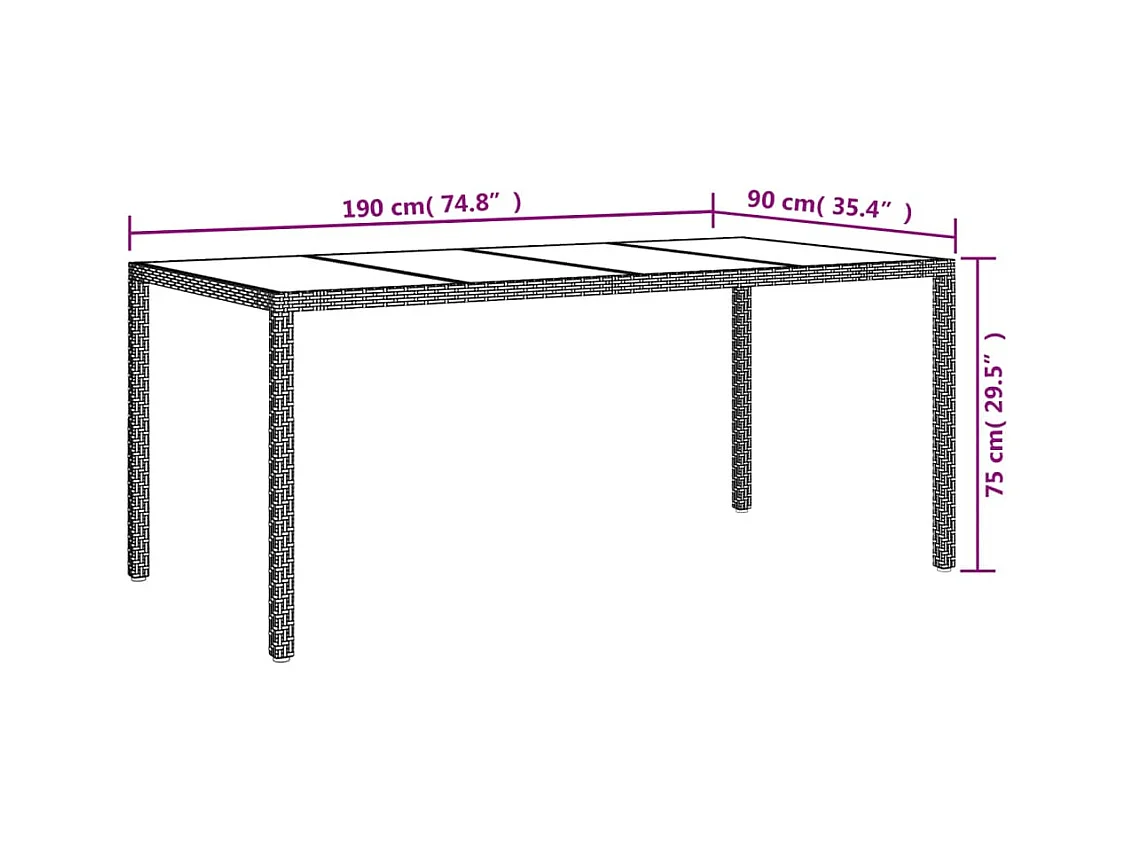 Grijze tuintafel 190x90x75 cm Gehard glas/gevlochten hars