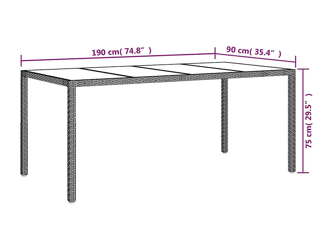 Grijze tuintafel 190x90x75 cm Gehard glas/gevlochten hars